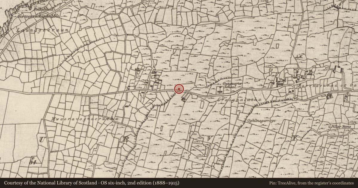 Ordnance Survey six-inch map, 2nd edition (1888–1915) covering the location of Chapel, Cill Mhuirbhigh, County Galway, with a pin at the register's coordinates