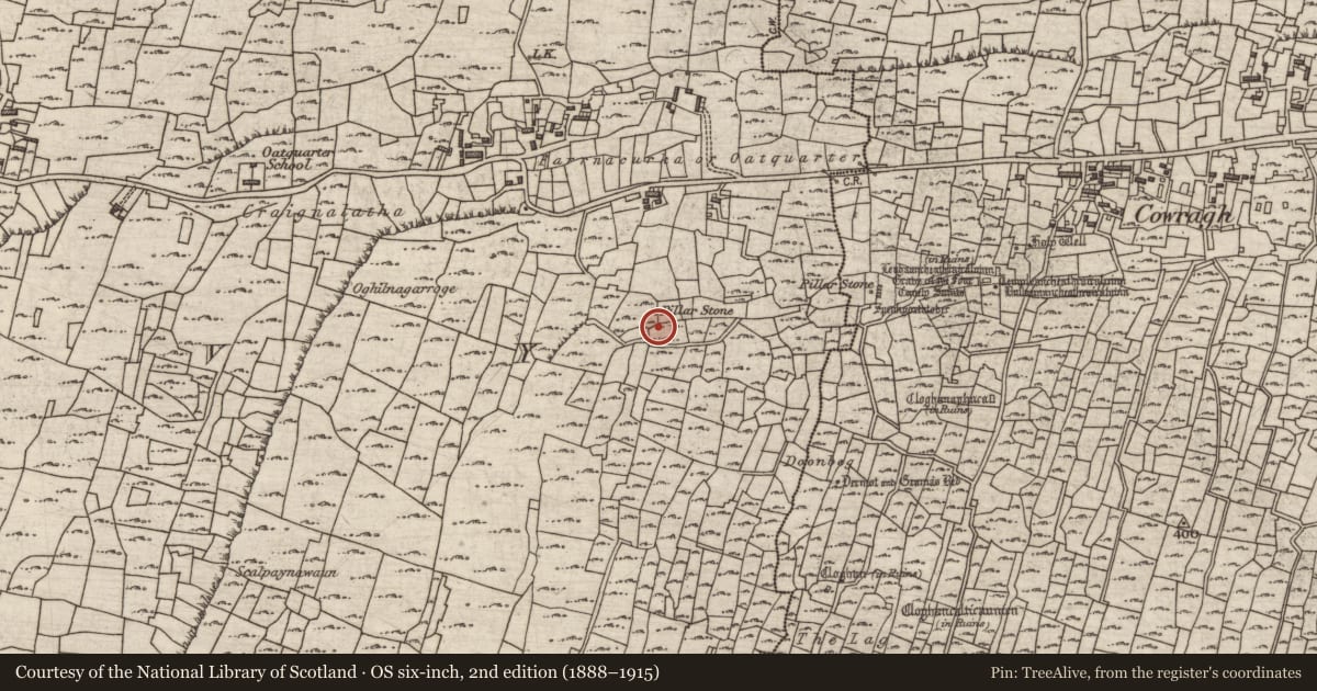 Ordnance Survey six-inch map, 2nd edition (1888–1915) covering the location of Pillar stone, Cill Mhuirbhigh, County Galway, with a pin at the register's coordinates