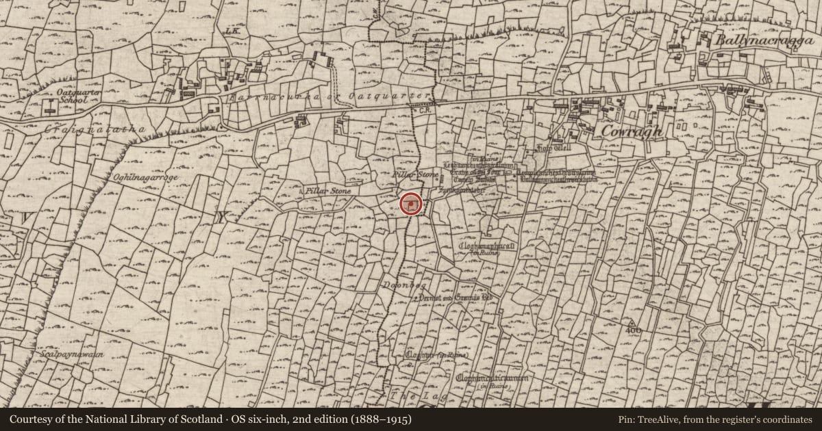 Ordnance Survey six-inch map, 2nd edition (1888–1915) covering the location of Clochan, Cill Mhuirbhigh, County Galway, with a pin at the register's coordinates