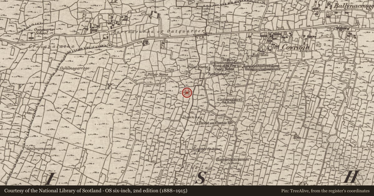 Ordnance Survey six-inch map, 2nd edition (1888–1915) covering the location of Hut site, Cill Mhuirbhigh, County Galway, with a pin at the register's coordinates