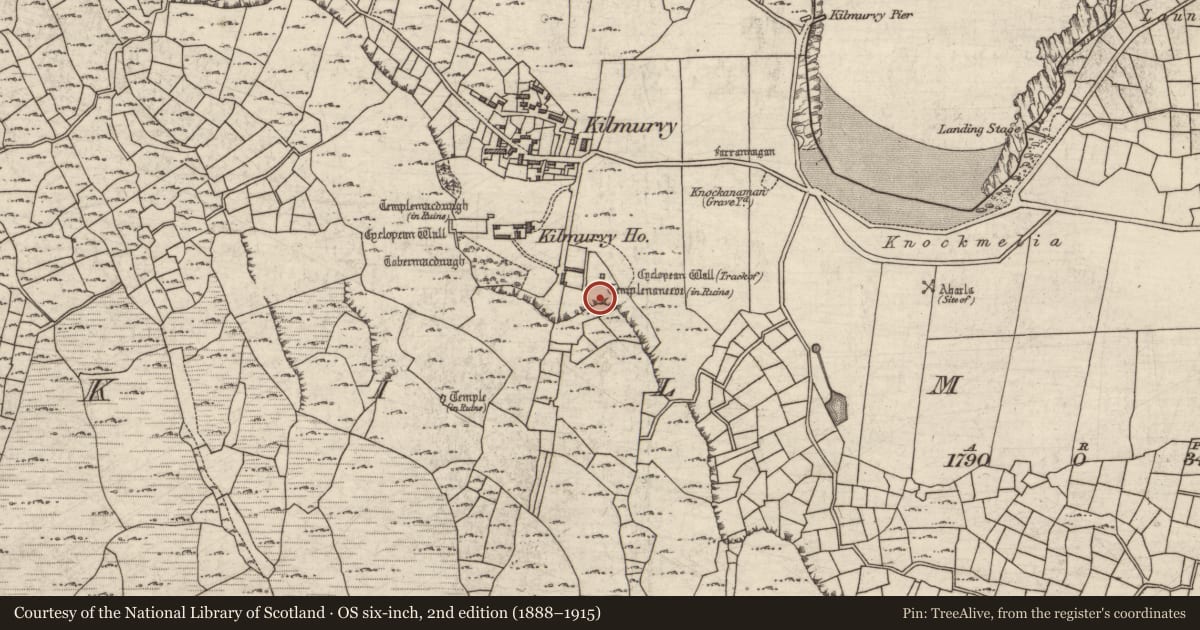 Ordnance Survey six-inch map, 2nd edition (1888–1915) covering the location of Ecclesiastical enclosure, Cill Mhuirbhigh, County Galway, with a pin at the register's coordinates
