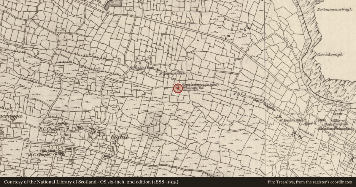 Ordnance Survey six-inch map, 2nd edition (1888–1915) covering the location of Church, Eochaill (Bar. Árainn), County Galway, with a pin at the register's coordinates