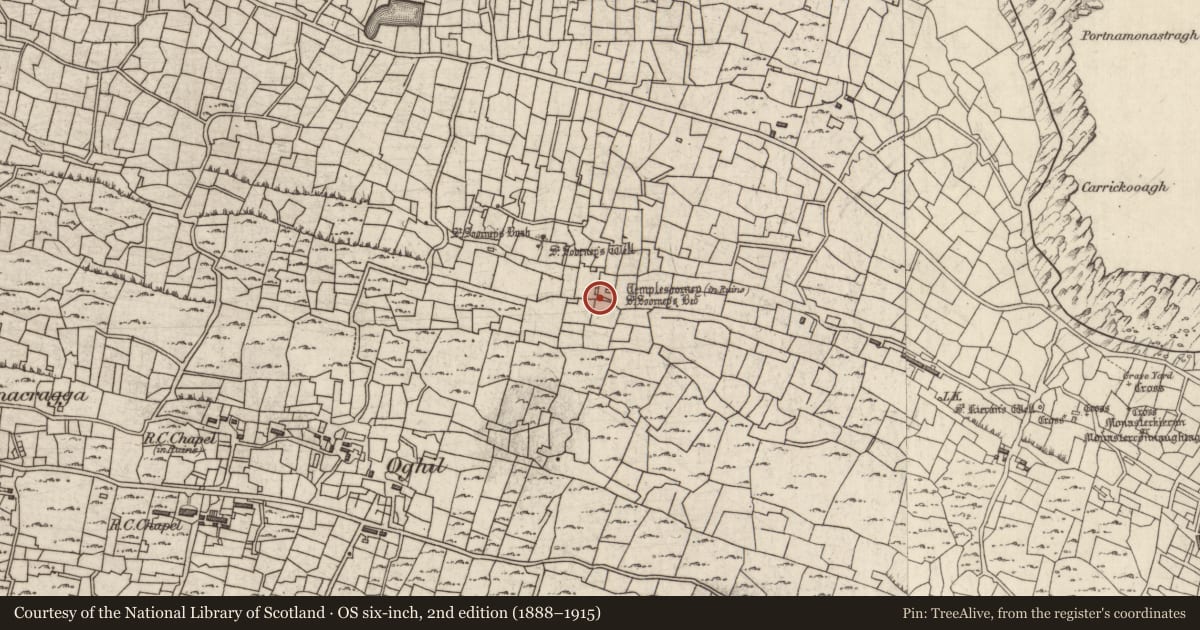 Ordnance Survey six-inch map, 2nd edition (1888–1915) covering the location of Building, Eochaill (Bar. Árainn), County Galway, with a pin at the register's coordinates