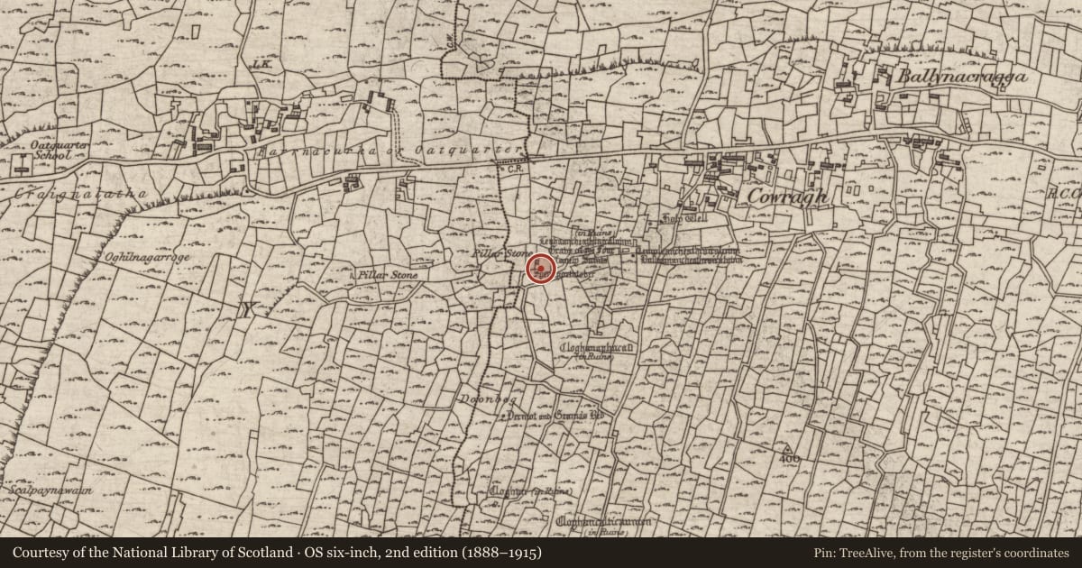 Ordnance Survey six-inch map, 2nd edition (1888–1915) covering the location of Burial, Eochaill (Bar. Árainn), County Galway, with a pin at the register's coordinates