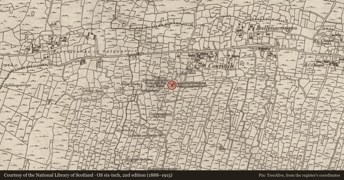 Ordnance Survey six-inch map, 2nd edition (1888–1915) covering the location of Graveyard, Eochaill (Bar. Árainn), County Galway, with a pin at the register's coordinates