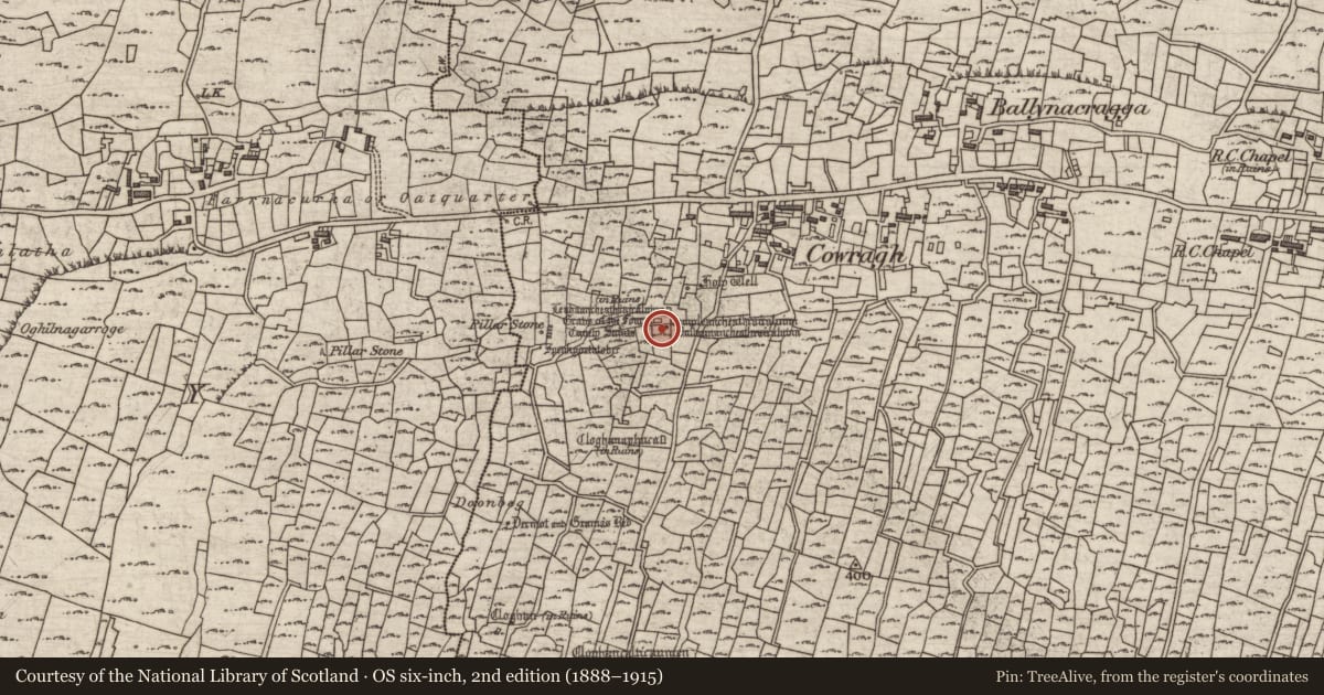 Ordnance Survey six-inch map, 2nd edition (1888–1915) covering the location of Building, Eochaill (Bar. Árainn), County Galway, with a pin at the register's coordinates