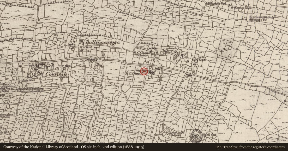 Ordnance Survey six-inch map, 2nd edition (1888–1915) covering the location of Chapel, Eochaill (Bar. Árainn), County Galway, with a pin at the register's coordinates