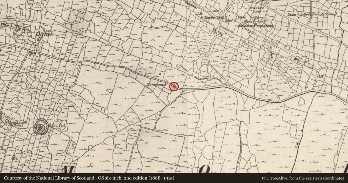 Ordnance Survey six-inch map, 2nd edition (1888–1915) covering the location of Leacht cuimhne, Eochaill (Bar. Árainn), County Galway, with a pin at the register's coordinates