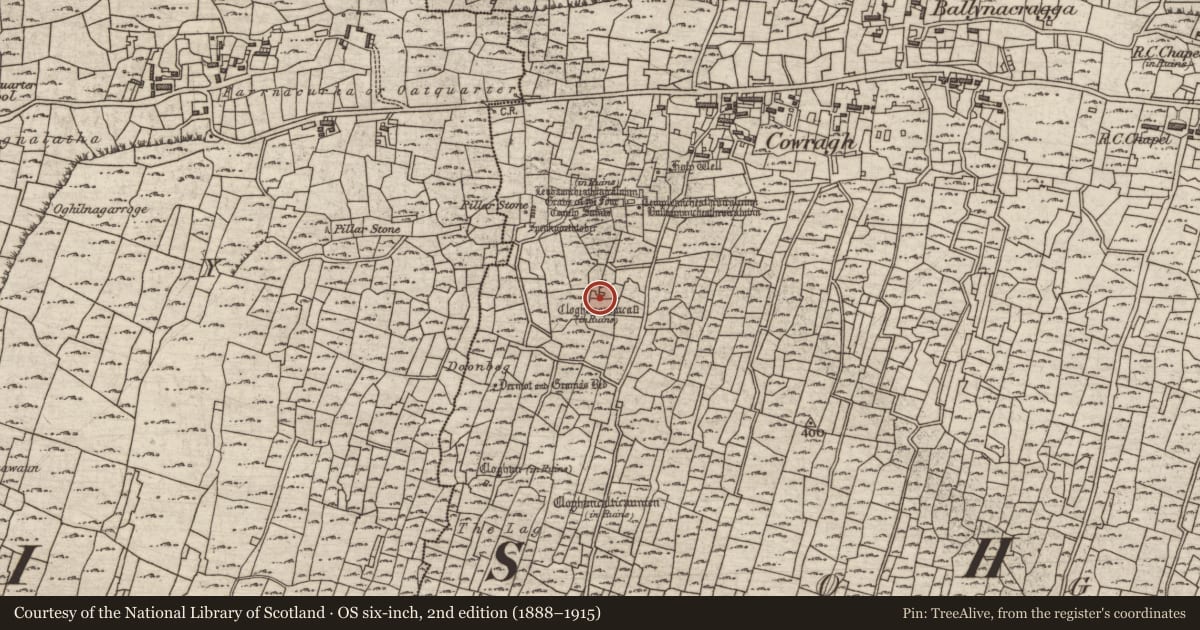 Ordnance Survey six-inch map, 2nd edition (1888–1915) covering the location of Building, Eochaill (Bar. Árainn), County Galway, with a pin at the register's coordinates