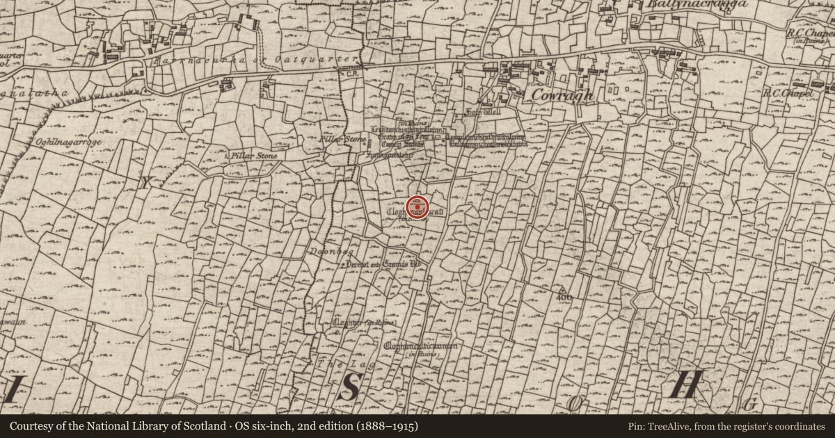 Ordnance Survey six-inch map, 2nd edition (1888–1915) covering the location of Building, Eochaill (Bar. Árainn), County Galway, with a pin at the register's coordinates