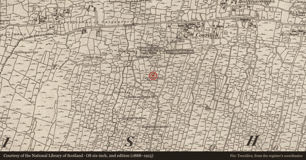 Ordnance Survey six-inch map, 2nd edition (1888–1915) covering the location of Enclosure, Eochaill (Bar. Árainn), County Galway, with a pin at the register's coordinates