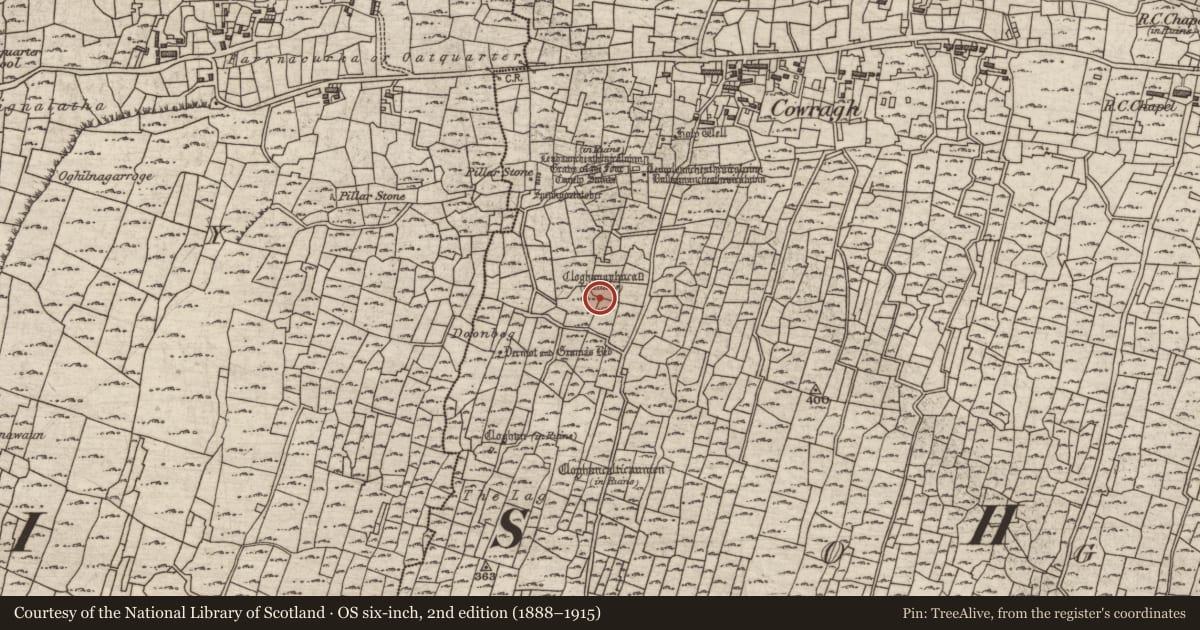 Ordnance Survey six-inch map, 2nd edition (1888–1915) covering the location of Mound, Eochaill (Bar. Árainn), County Galway, with a pin at the register's coordinates