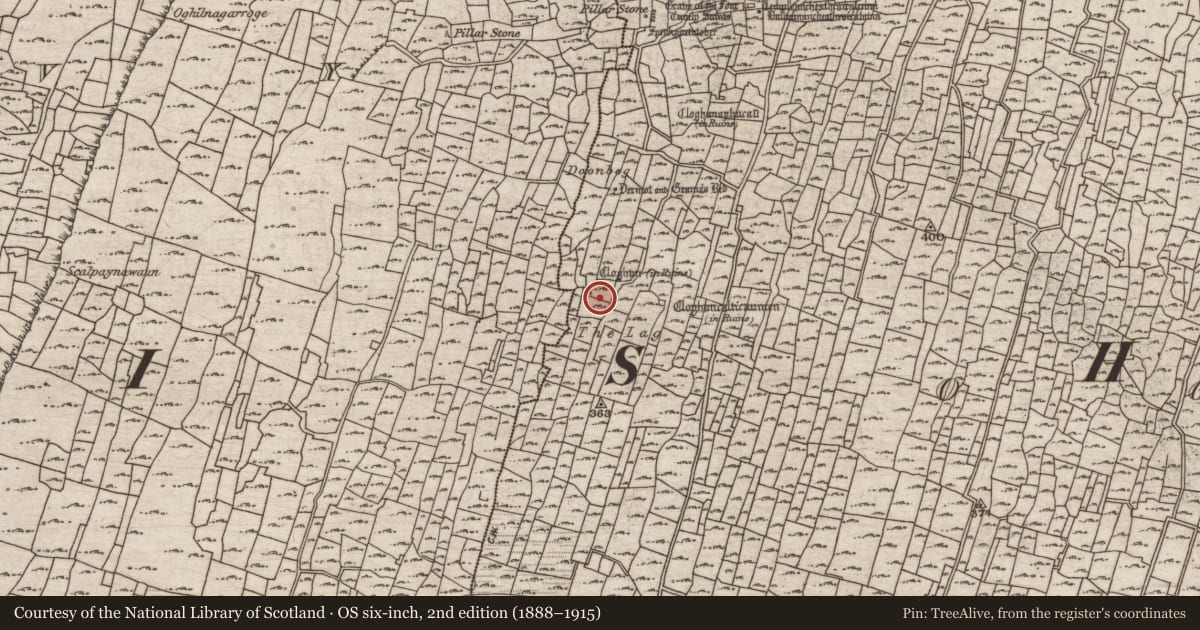 Ordnance Survey six-inch map, 2nd edition (1888–1915) covering the location of Clochan, Eochaill (Bar. Árainn), County Galway, with a pin at the register's coordinates