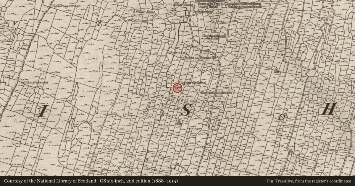 Ordnance Survey six-inch map, 2nd edition (1888–1915) covering the location of Clochan, Eochaill (Bar. Árainn), County Galway, with a pin at the register's coordinates