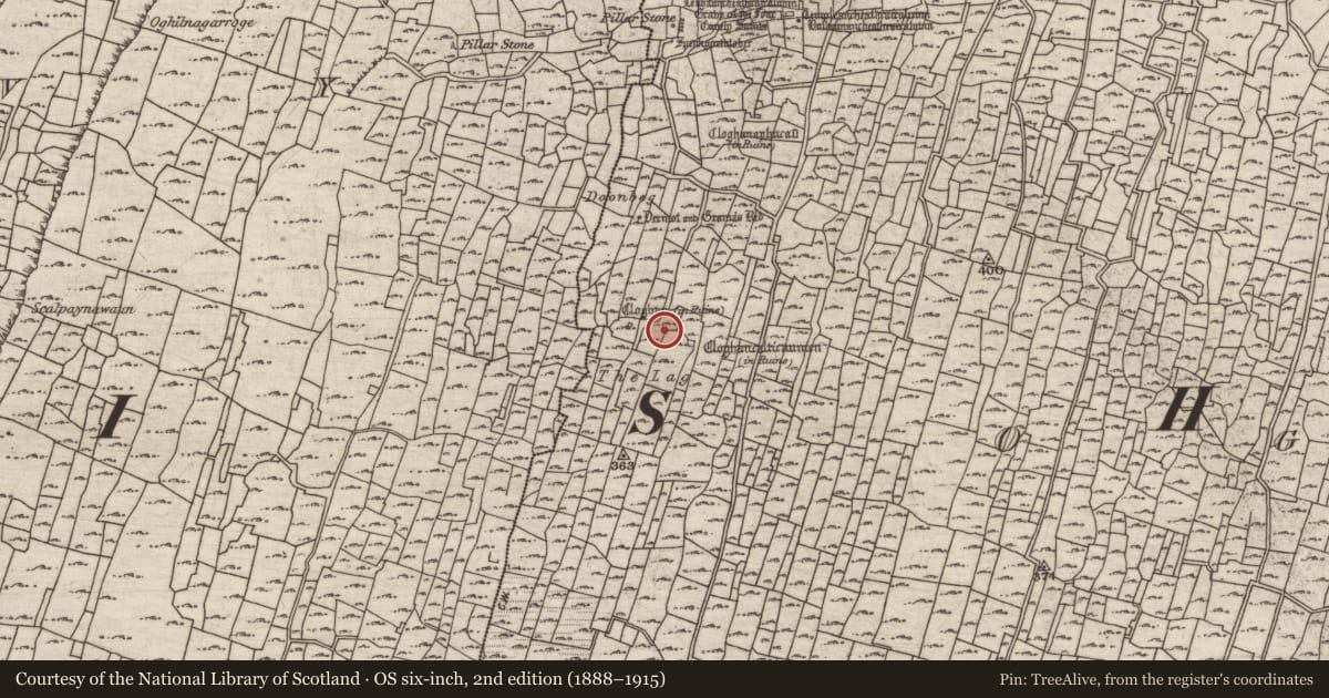 Ordnance Survey six-inch map, 2nd edition (1888–1915) covering the location of Clochan, Eochaill (Bar. Árainn), County Galway, with a pin at the register's coordinates