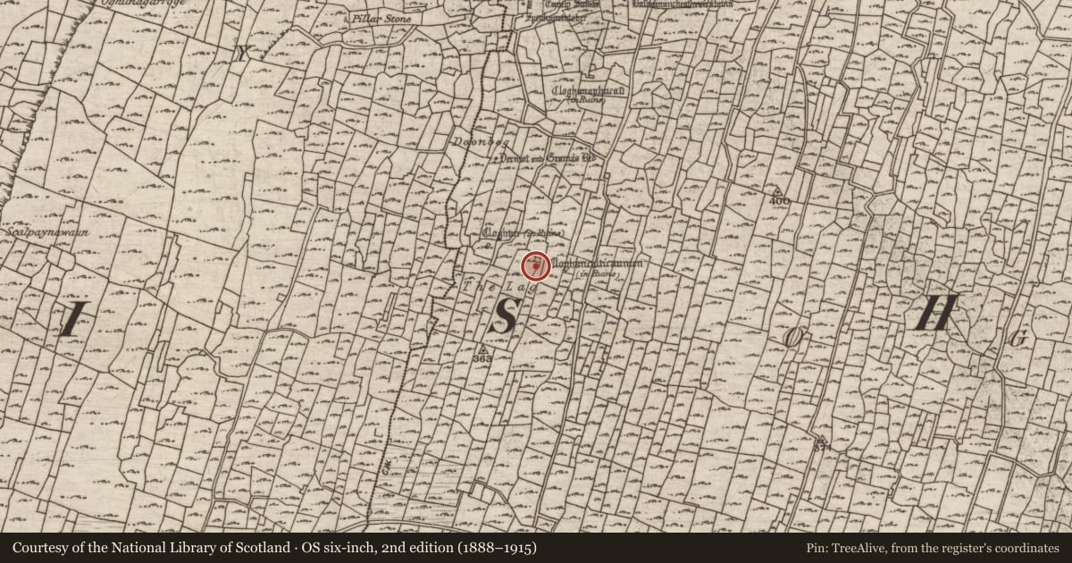 Ordnance Survey six-inch map, 2nd edition (1888–1915) covering the location of Clochan, Eochaill (Bar. Árainn), County Galway, with a pin at the register's coordinates