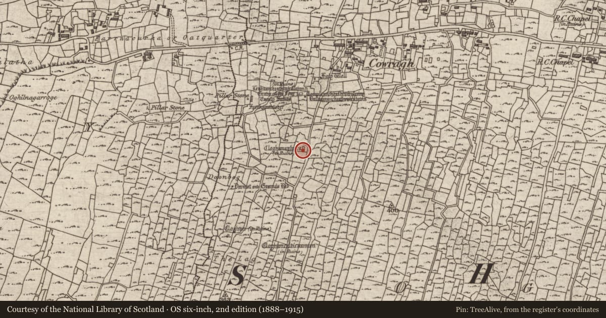 Ordnance Survey six-inch map, 2nd edition (1888–1915) covering the location of Clochan, Eochaill (Bar. Árainn), County Galway, with a pin at the register's coordinates