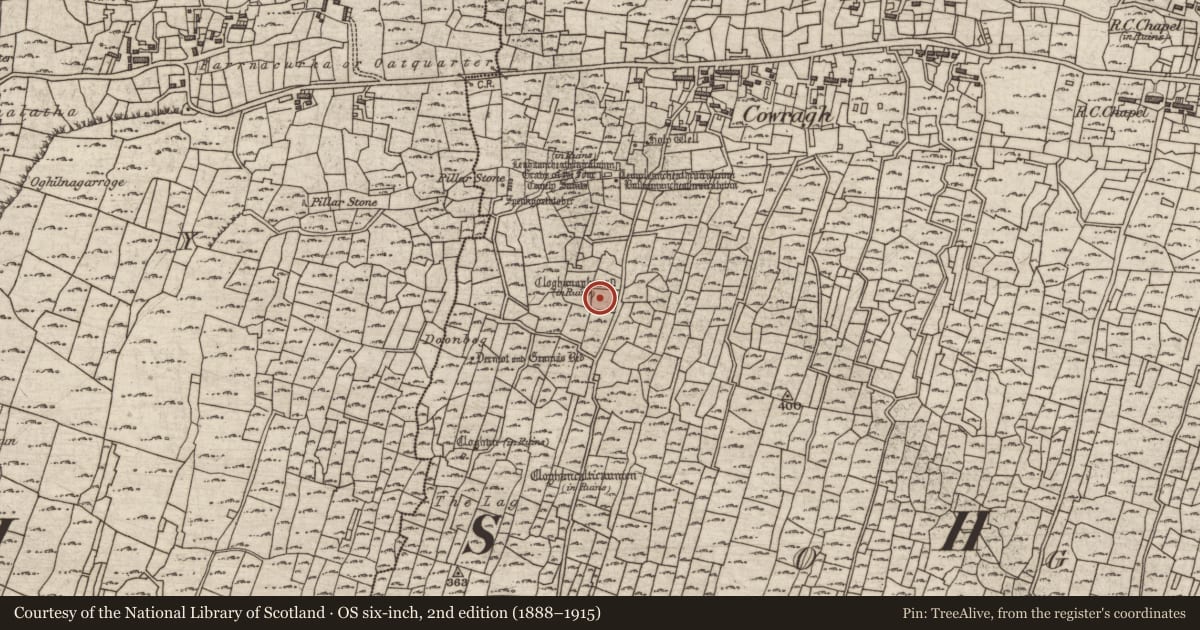 Ordnance Survey six-inch map, 2nd edition (1888–1915) covering the location of Clochan, Eochaill (Bar. Árainn), County Galway, with a pin at the register's coordinates