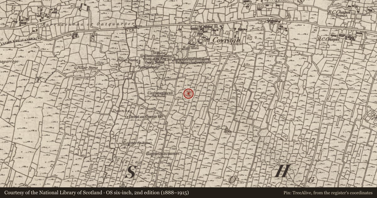 Ordnance Survey six-inch map, 2nd edition (1888–1915) covering the location of Mound, Eochaill (Bar. Árainn), County Galway, with a pin at the register's coordinates
