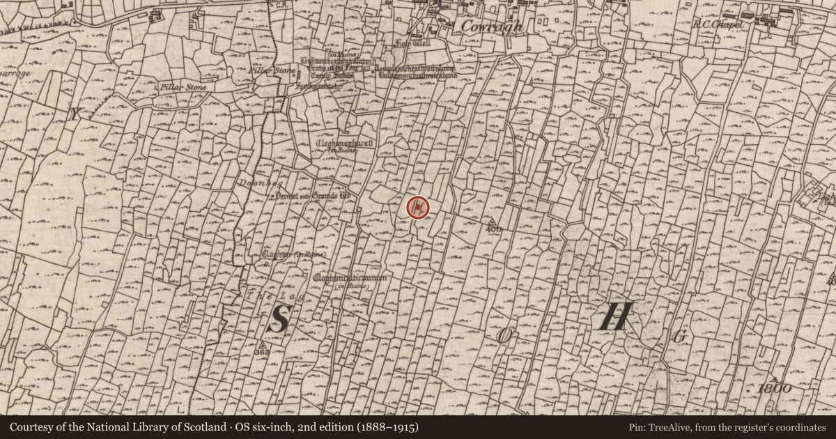 Ordnance Survey six-inch map, 2nd edition (1888–1915) covering the location of Mound, Eochaill (Bar. Árainn), County Galway, with a pin at the register's coordinates