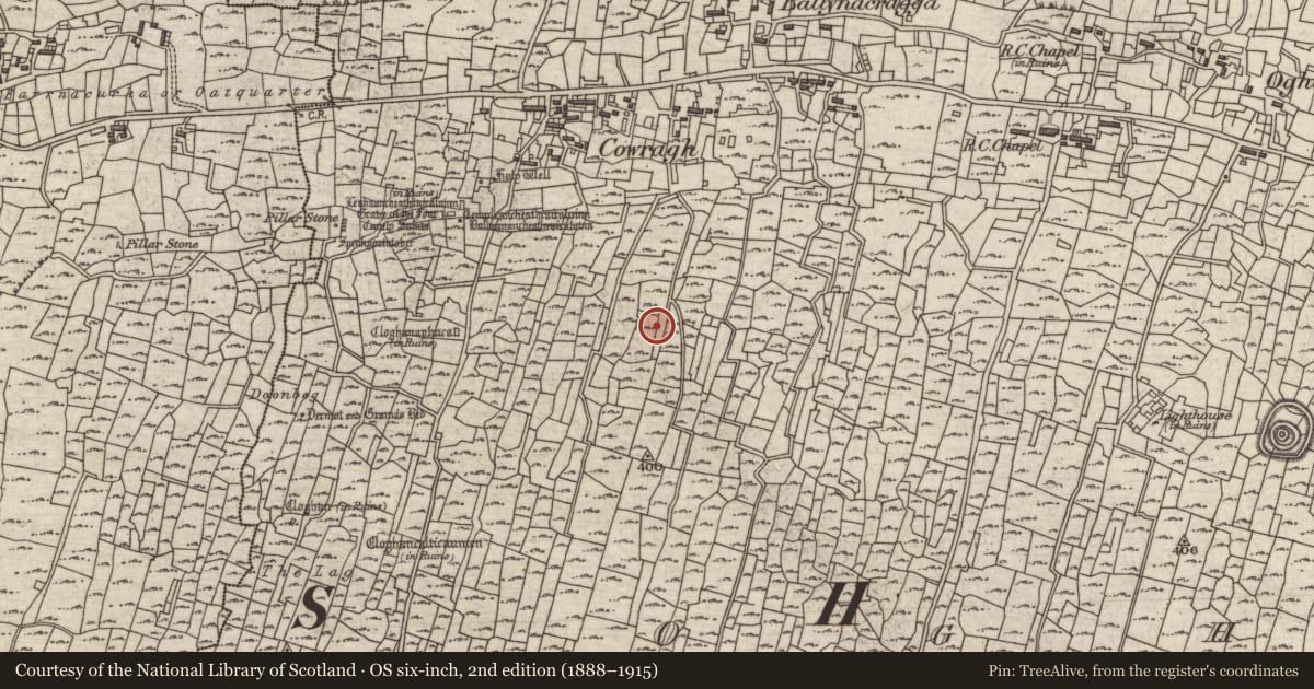 Ordnance Survey six-inch map, 2nd edition (1888–1915) covering the location of Mound, Eochaill (Bar. Árainn), County Galway, with a pin at the register's coordinates