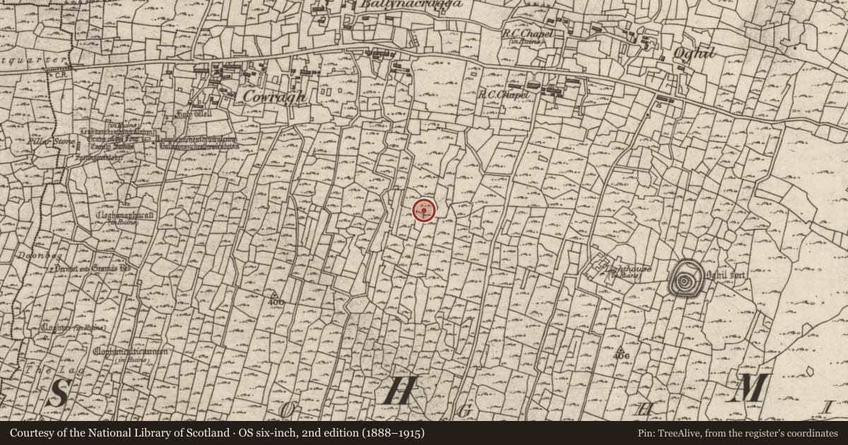 Ordnance Survey six-inch map, 2nd edition (1888–1915) covering the location of Enclosure, Eochaill (Bar. Árainn), County Galway, with a pin at the register's coordinates
