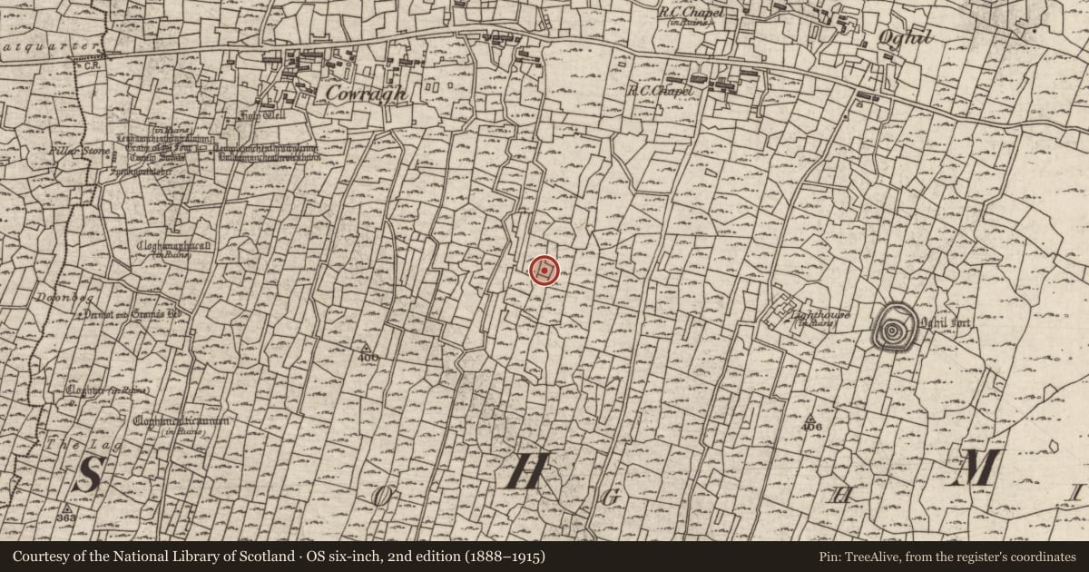 Ordnance Survey six-inch map, 2nd edition (1888–1915) covering the location of Clochan, Eochaill (Bar. Árainn), County Galway, with a pin at the register's coordinates