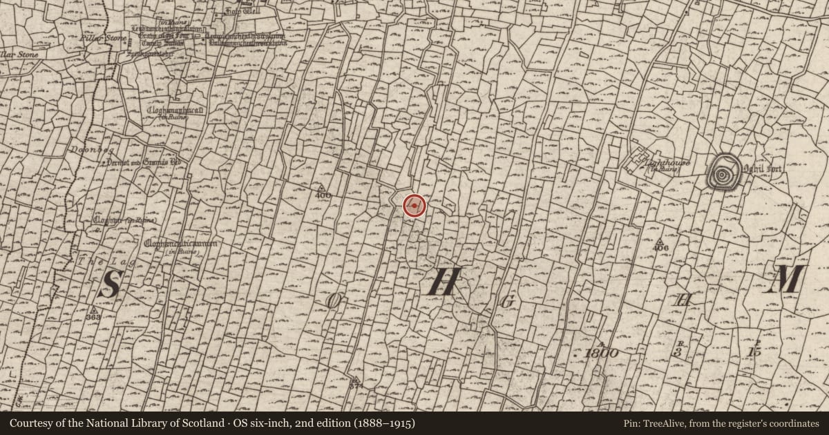 Ordnance Survey six-inch map, 2nd edition (1888–1915) covering the location of Enclosure, Eochaill (Bar. Árainn), County Galway, with a pin at the register's coordinates
