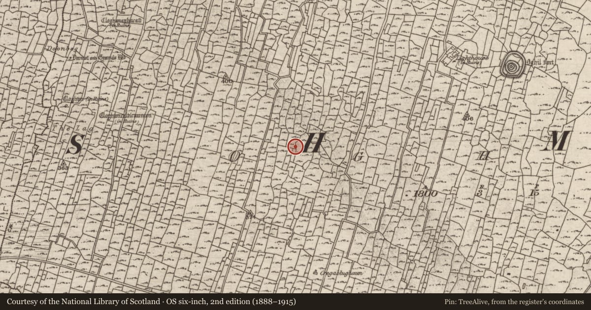 Ordnance Survey six-inch map, 2nd edition (1888–1915) covering the location of Mound, Eochaill (Bar. Árainn), County Galway, with a pin at the register's coordinates