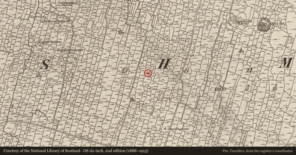 Ordnance Survey six-inch map, 2nd edition (1888–1915) covering the location of Clochan, Eochaill (Bar. Árainn), County Galway, with a pin at the register's coordinates