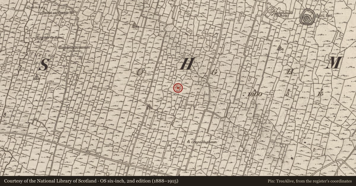 Ordnance Survey six-inch map, 2nd edition (1888–1915) covering the location of Mound, Eochaill (Bar. Árainn), County Galway, with a pin at the register's coordinates