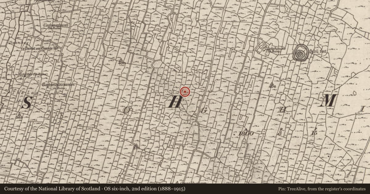 Ordnance Survey six-inch map, 2nd edition (1888–1915) covering the location of Clochan, Eochaill (Bar. Árainn), County Galway, with a pin at the register's coordinates