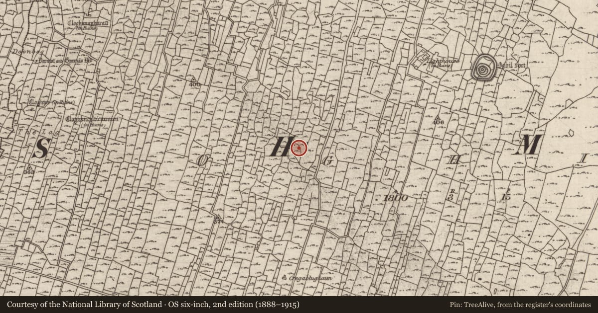 Ordnance Survey six-inch map, 2nd edition (1888–1915) covering the location of Clochan, Eochaill (Bar. Árainn), County Galway, with a pin at the register's coordinates