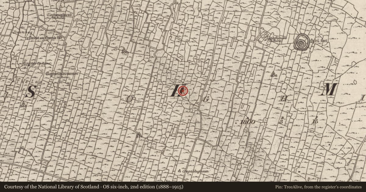 Ordnance Survey six-inch map, 2nd edition (1888–1915) covering the location of Building, Eochaill (Bar. Árainn), County Galway, with a pin at the register's coordinates