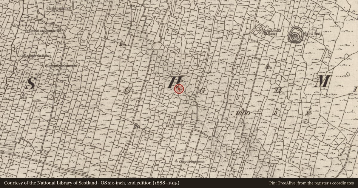 Ordnance Survey six-inch map, 2nd edition (1888–1915) covering the location of Clochan, Eochaill (Bar. Árainn), County Galway, with a pin at the register's coordinates