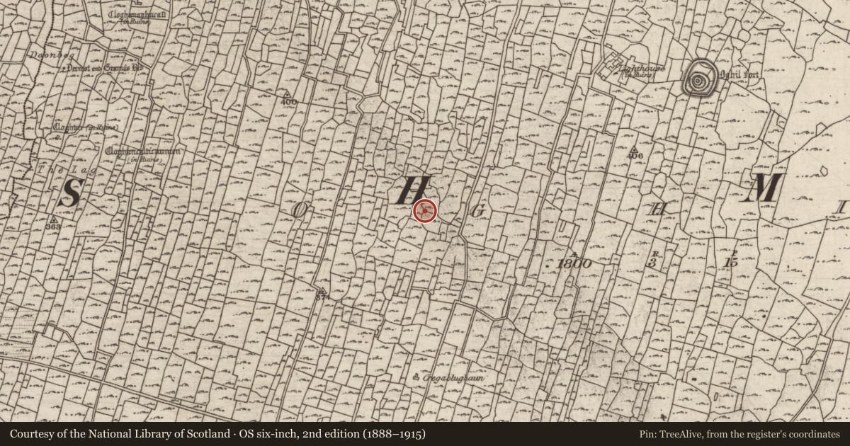 Ordnance Survey six-inch map, 2nd edition (1888–1915) covering the location of Clochan, Eochaill (Bar. Árainn), County Galway, with a pin at the register's coordinates