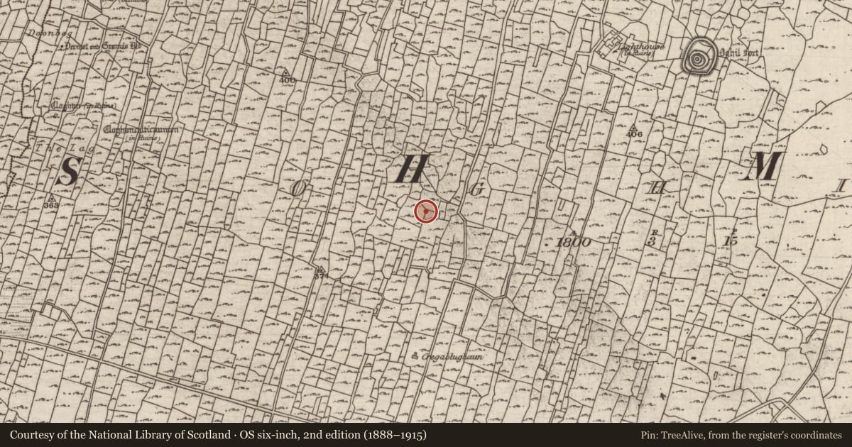 Ordnance Survey six-inch map, 2nd edition (1888–1915) covering the location of Mound, Eochaill (Bar. Árainn), County Galway, with a pin at the register's coordinates