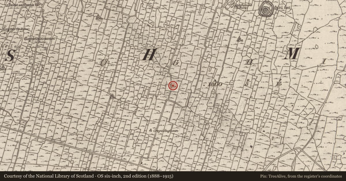 Ordnance Survey six-inch map, 2nd edition (1888–1915) covering the location of Clochan, Eochaill (Bar. Árainn), County Galway, with a pin at the register's coordinates