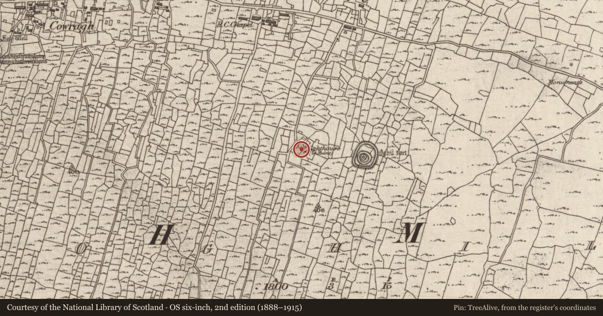 Ordnance Survey six-inch map, 2nd edition (1888–1915) covering the location of Signal tower, Eochaill (Bar. Árainn), County Galway, with a pin at the register's coordinates