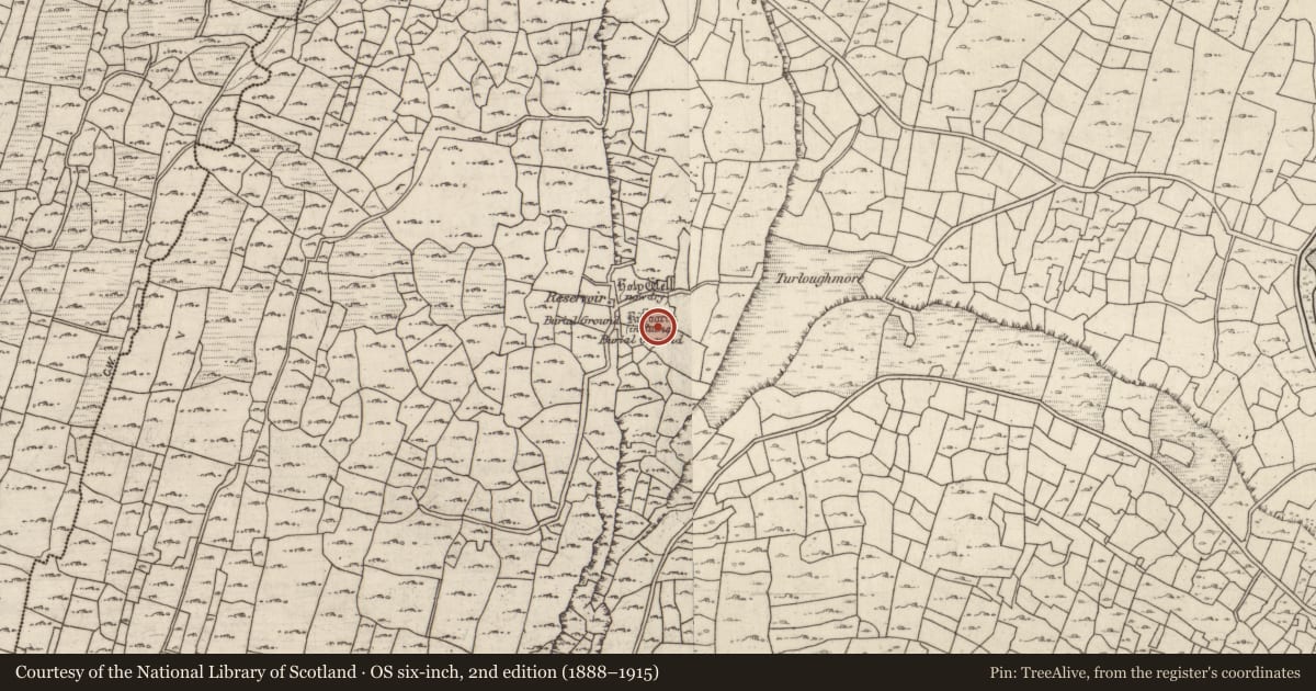 Ordnance Survey six-inch map, 2nd edition (1888–1915) covering the location of Church, Cill Éinne, County Galway, with a pin at the register's coordinates