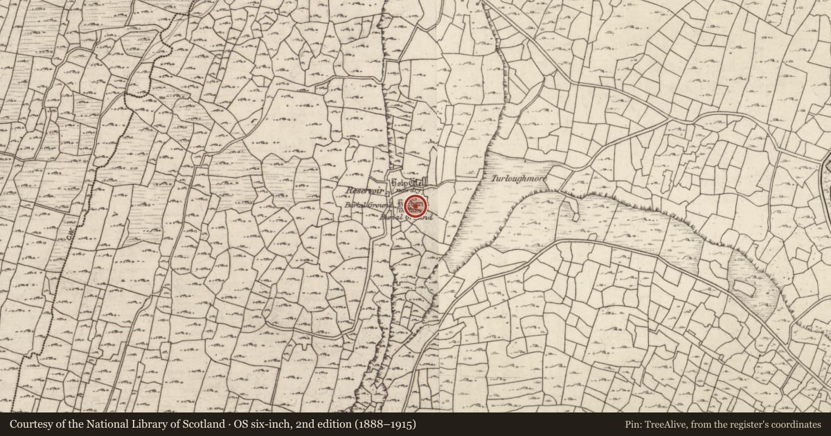 Ordnance Survey six-inch map, 2nd edition (1888–1915) covering the location of Ritual site - holy well, Cill Éinne, County Galway, with a pin at the register's coordinates
