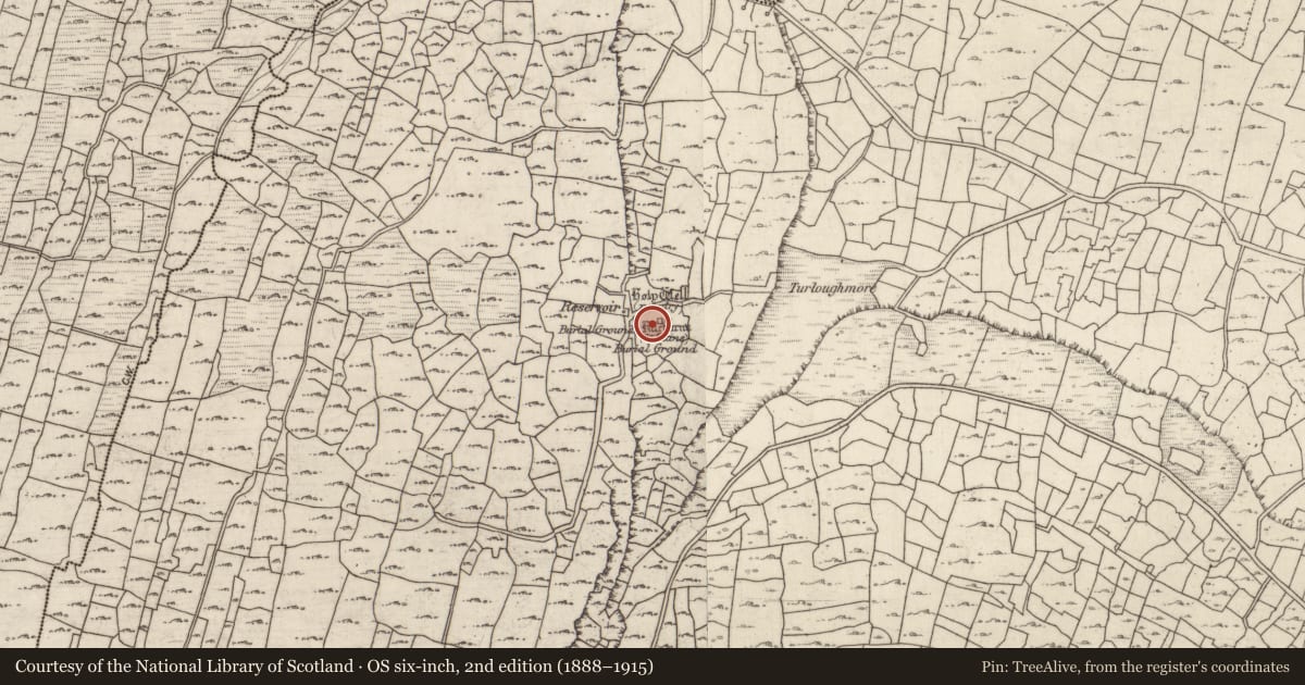 Ordnance Survey six-inch map, 2nd edition (1888–1915) covering the location of Graveyard, Cill Éinne, County Galway, with a pin at the register's coordinates