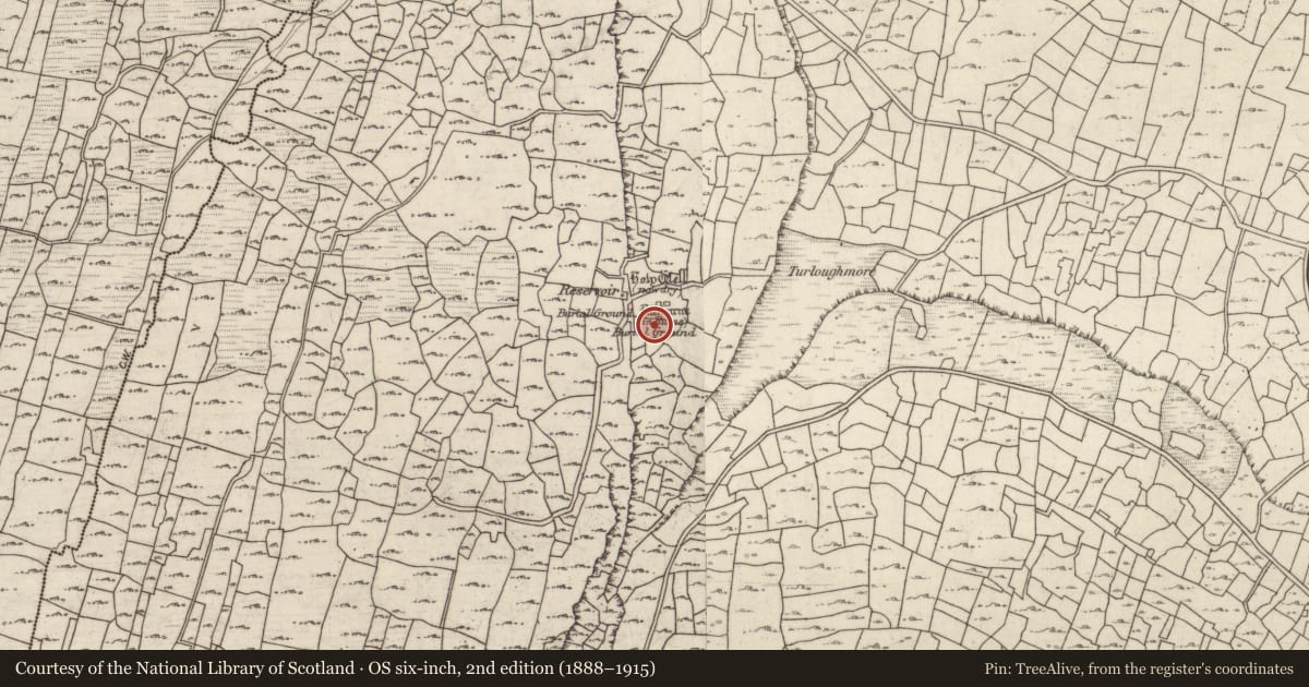 Ordnance Survey six-inch map, 2nd edition (1888–1915) covering the location of Graveyard, Cill Éinne, County Galway, with a pin at the register's coordinates