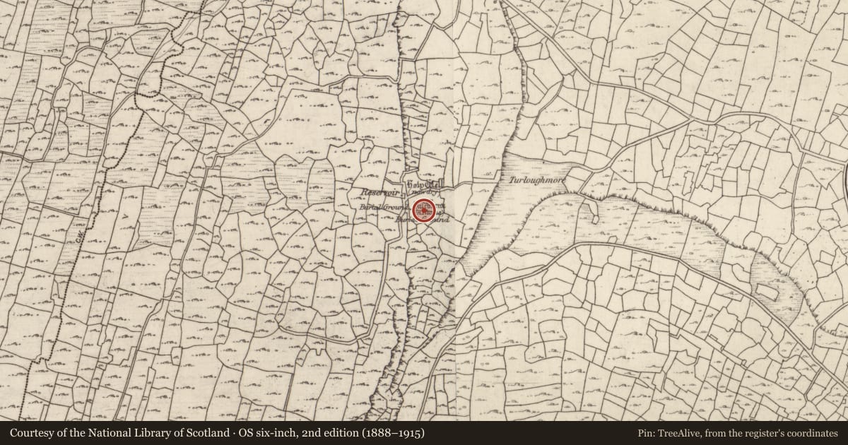 Ordnance Survey six-inch map, 2nd edition (1888–1915) covering the location of Ecclesiastical enclosure, Cill Éinne, County Galway, with a pin at the register's coordinates