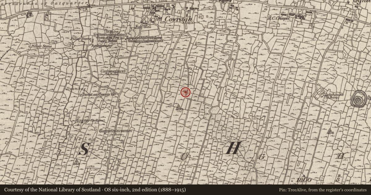 Ordnance Survey six-inch map, 2nd edition (1888–1915) covering the location of Building, Eochaill (Bar. Árainn), County Galway, with a pin at the register's coordinates