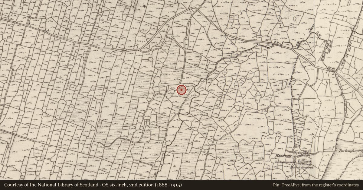 Ordnance Survey six-inch map, 2nd edition (1888–1915) covering the location of Fulacht fia, Eochaill (Bar. Árainn), County Galway, with a pin at the register's coordinates