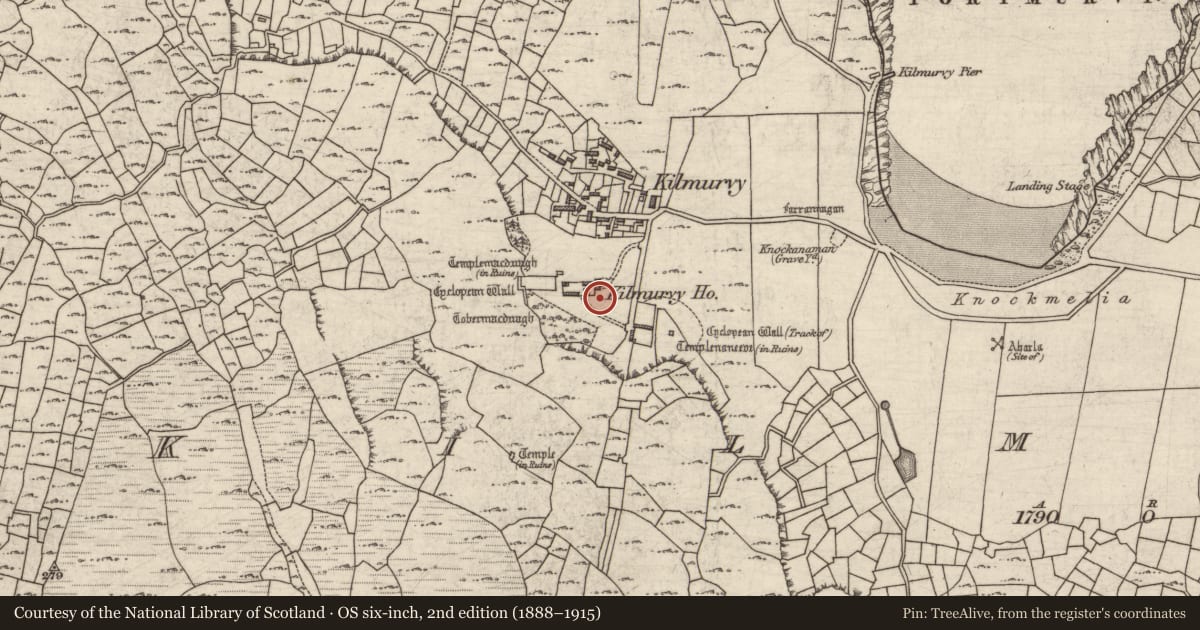 Ordnance Survey six-inch map, 2nd edition (1888–1915) covering the location of House - 18th/19th century, Cill Mhuirbhigh, County Galway, with a pin at the register's coordinates