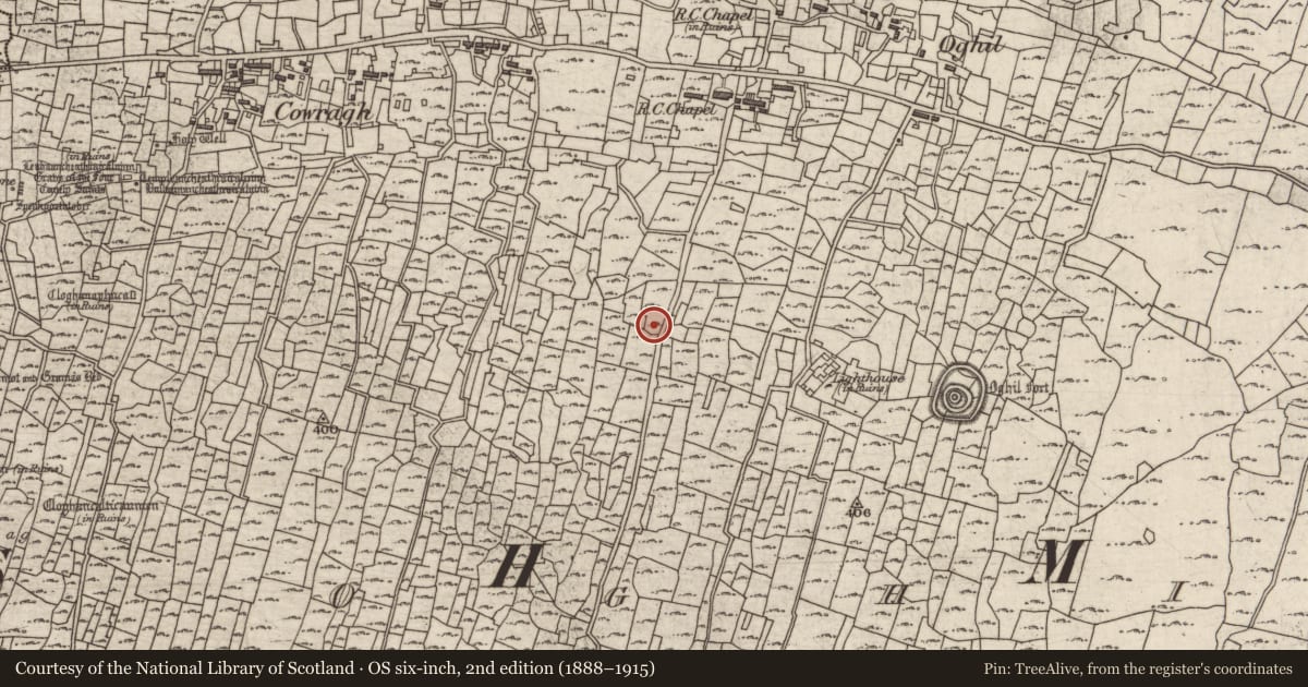 Ordnance Survey six-inch map, 2nd edition (1888–1915) covering the location of Mound, Eochaill (Bar. Árainn), County Galway, with a pin at the register's coordinates