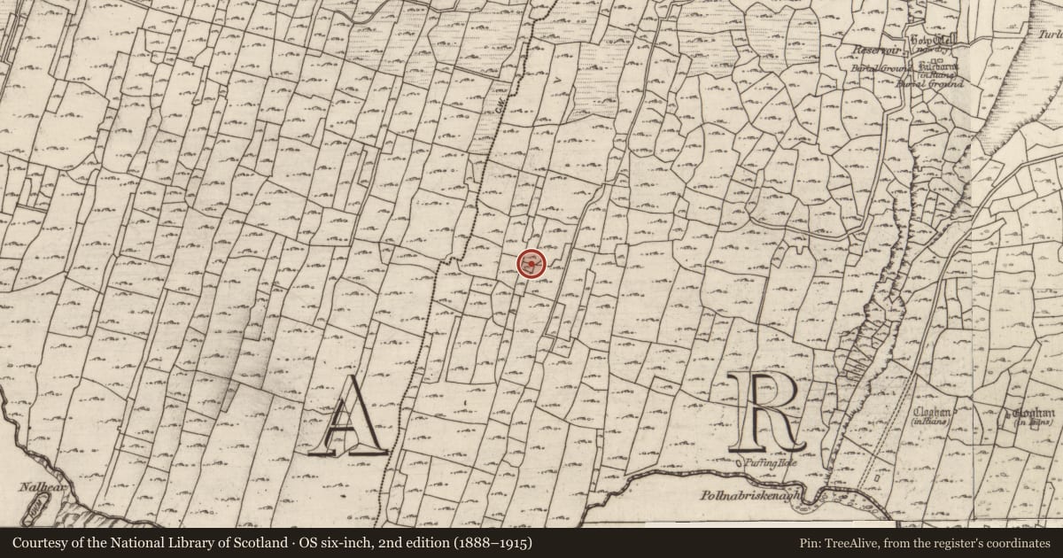 Ordnance Survey six-inch map, 2nd edition (1888–1915) covering the location of Clochan, Eochaill (Bar. Árainn), County Galway, with a pin at the register's coordinates