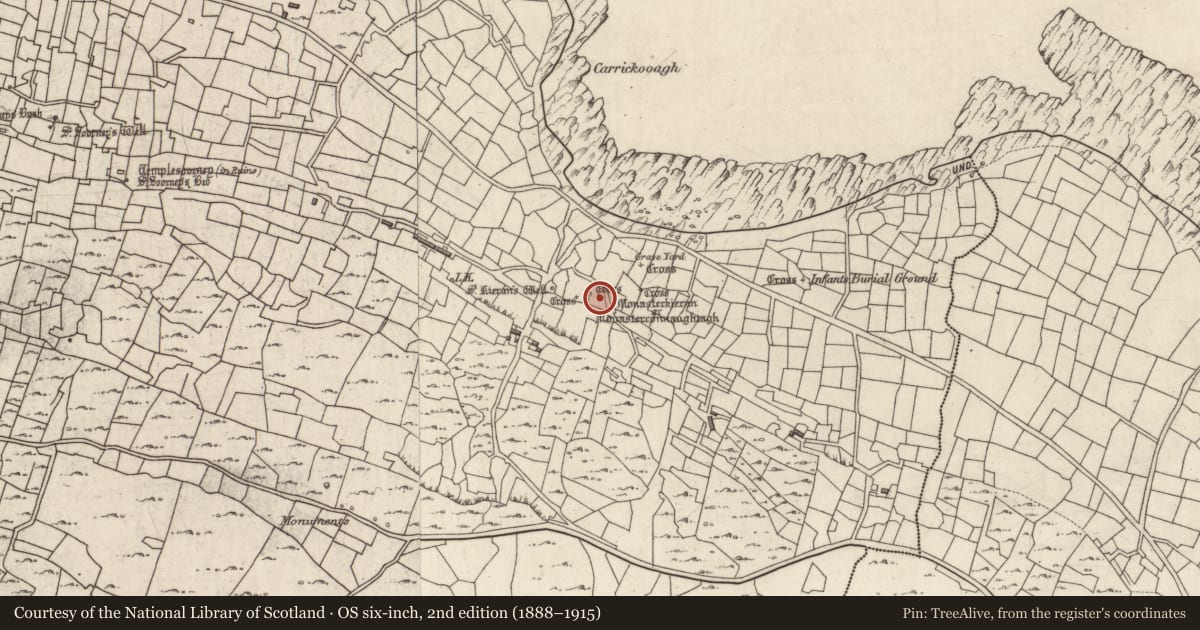 Ordnance Survey six-inch map, 2nd edition (1888–1915) covering the location of Building, Eochaill (Bar. Árainn), County Galway, with a pin at the register's coordinates